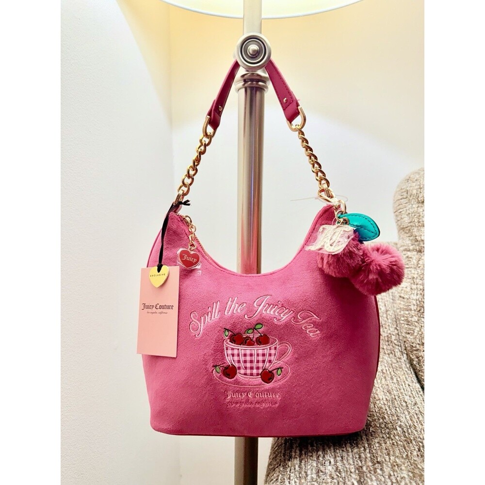 NWT Juicy Couture Sweet Tea Party Hobo Bag Raspberry Tart Velour